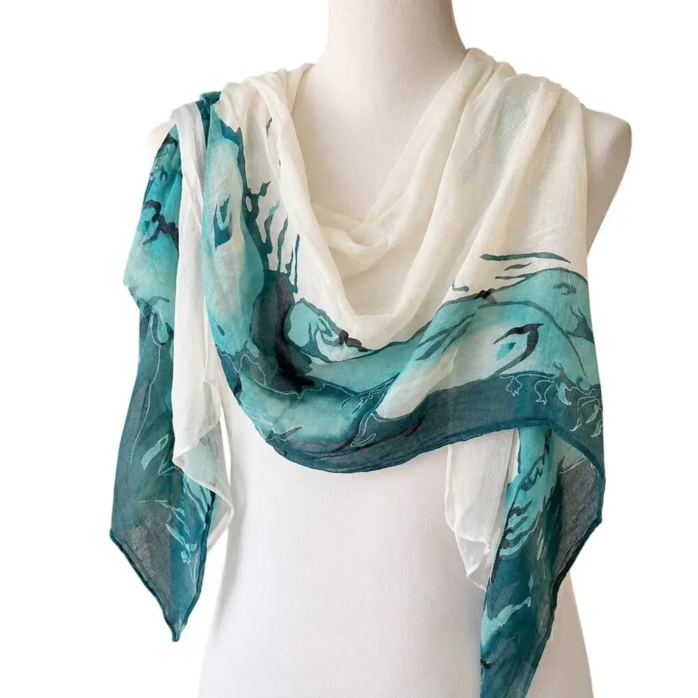 Ocean Wave Light Gauze Scarf Shawl Wrap Artist Coastal Beach Swim Cover Up Art